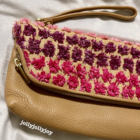 NWOT Fossil Preston Large Pink/Violet Straw Leather Folder Wristlet Pouch - Picture 4 of 12